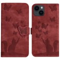 For iPhone 15 Butterfly Cat Embossing Flip Leather Phone Case(Red)