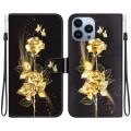 For iPhone 13 Pro Max Crystal Texture Colored Drawing Leather Phone Case(Gold Butterfly Rose)