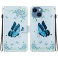 For iPhone 14 Crystal Texture Colored Drawing Leather Phone Case(Blue Pansies)