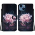 For iPhone 14 Plus Crystal Texture Colored Drawing Leather Phone Case(Purple Peony)