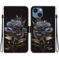 For iPhone 15 Crystal Texture Colored Drawing Leather Phone Case(Black Rose)