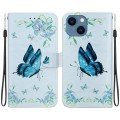 For iPhone 15 Plus Crystal Texture Colored Drawing Leather Phone Case(Blue Pansies)