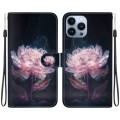 For iPhone 15 Pro Crystal Texture Colored Drawing Leather Phone Case(Purple Peony)