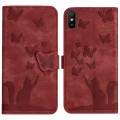 For Xiaomi Redmi 9A Butterfly Cat Embossing Flip Leather Phone Case(Red)