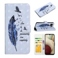 For Samsung Galaxy A12 Oil Embossed 3D Drawing Leather Phone Case(Blue Feather)