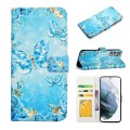 For Samsung Galaxy S21 FE 5G Oil Embossed 3D Drawing Leather Phone Case(Blue Butterflies)