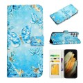 For Samsung Galaxy S22 Ultra 5G Oil Embossed 3D Drawing Leather Phone Case(Blue Butterflies)