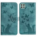 For Samsung Galaxy A22 5G Butterfly Cat Embossing Flip Leather Phone Case(Wathet)