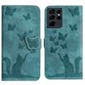 For Samsung Galaxy S21 Ultra 5G Butterfly Cat Embossing Flip Leather Phone Case(Wathet)
