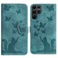 For Samsung Galaxy S22 Ultra 5G Butterfly Cat Embossing Flip Leather Phone Case(Wathet)