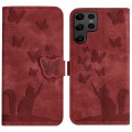 For Samsung Galaxy S23 Ultra 5G Butterfly Cat Embossing Flip Leather Phone Case(Red)