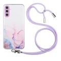 For Samsung Galaxy S24 5G Hollow Marble Pattern TPU Shockproof Phone Case with Rope(Pink)