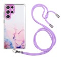 For Samsung Galaxy S24 Ultra 5G Hollow Marble Pattern TPU Shockproof Phone Case with Rope(Pink)