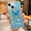 For iPhone 15 Starry Sequin Rhinestones Butterfly Epoxy TPU Phone Case(Blue)