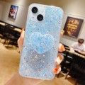 For iPhone 15 Starry Sequin Heart Stand Epoxy TPU Phone Case(Blue)