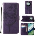 For Huawei Mate 60 Pro Embossed Butterfly Leather Phone Case(Dark Purple)