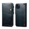 For iPhone 15 Plus Denior Oil Wax Cowhide Magnetic Button Genuine Leather Case(Dark Blue)