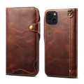 For iPhone 15 Denior Oil Wax Cowhide Magnetic Button Genuine Leather Case(Brown)