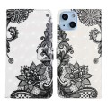 For iPhone 15 Plus Oil Embossed 3D Drawing Leather Phone Case(Lace Flower)