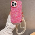For iPhone 15 Pro Max Shell Texture Crossbody Pearl Chain TPU Hybrid Acrylic Phone Case(Rose Red)