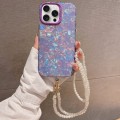 For iPhone 15 Pro Max Shell Texture Crossbody Pearl Chain TPU Hybrid Acrylic Phone Case(Purple)