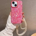 For iPhone 15 Plus Shell Texture Crossbody Pearl Chain TPU Hybrid Acrylic Phone Case(Rose Red)