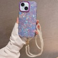 For iPhone 15 Plus Shell Texture Crossbody Pearl Chain TPU Hybrid Acrylic Phone Case(Purple)