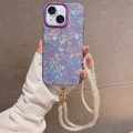 For iPhone 14 Shell Texture Crossbody Pearl Chain TPU Hybrid Acrylic Phone Case(Purple)