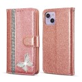 For iPhone 15 Plus Glitter Powder Butterfly Leather Phone Case(Rose Gold)