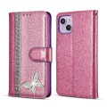 For iPhone 15 Plus Glitter Powder Butterfly Leather Phone Case(Rose Red)