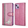 For iPhone 15 Glitter Powder Butterfly Leather Phone Case(Rose Red)