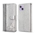 For iPhone 15 Glitter Powder Butterfly Leather Phone Case(Silver)
