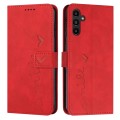 For Samsung Galaxy A05s Skin Feel Heart Embossed Leather Phone Case with Long Lanyard(Red)