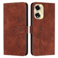 For OPPO A59 Skin Feel Heart Embossed Leather Phone Case with Long Lanyard(Brown)