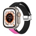 For Apple Watch Ultra 49mm Magnetic Folding Leather Silicone Watch Band(Black Rose Red)