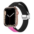 For Apple Watch SE 44mm Magnetic Folding Leather Silicone Watch Band(Black Rose Red)