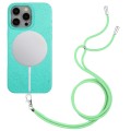 For iPhone 15 Pro Max Wheat MagSafe Magnetic Straw Material + TPU Phone Case with Lanyard(Green)