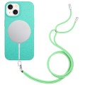 For iPhone 15 Plus Wheat MagSafe Magnetic Straw Material + TPU Phone Case with Lanyard(Green)