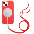 For iPhone 15 Wheat MagSafe Magnetic Straw Material + TPU Phone Case with Lanyard(Red)