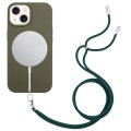 For iPhone 15 Wheat MagSafe Magnetic Straw Material + TPU Phone Case with Lanyard(Army Green)