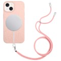 For iPhone 13 Wheat MagSafe Magnetic Straw Material + TPU Phone Case with Lanyard(Pink)