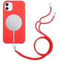 For iPhone 12 Wheat MagSafe Magnetic Straw Material + TPU Phone Case with Lanyard(Red)