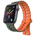 For Apple Watch Series 4 44mm Reverse Buckle Two Color Magnetic Silicone Watch Band(Olive Green+Oran