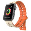 For Apple Watch Series 3 42mm Reverse Buckle Two Color Magnetic Silicone Watch Band(Starlight+Orange