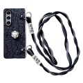 For Samsung Galaxy Z Fold3 5G Impression Camellia Pattern Protective Phone Case with Long Lanyard(Bl