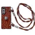For Samsung Galaxy Z Fold5 5G Impression Camellia Pattern Protective Phone Case with Long Lanyard(Br