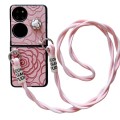 For Huawei P50 Pocket Impression Camellia Pattern Protective Phone Case with Long Lanyard(Pink)