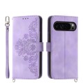 For Google Pixel 9 Pro Skin-feel Flowers Embossed Wallet Leather Phone Case(Purple)