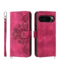 For Google Pixel 9 Pro Skin-feel Flowers Embossed Wallet Leather Phone Case(Wine Red)