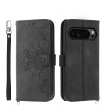 For Google Pixel 9 Pro Skin-feel Flowers Embossed Wallet Leather Phone Case(Black)